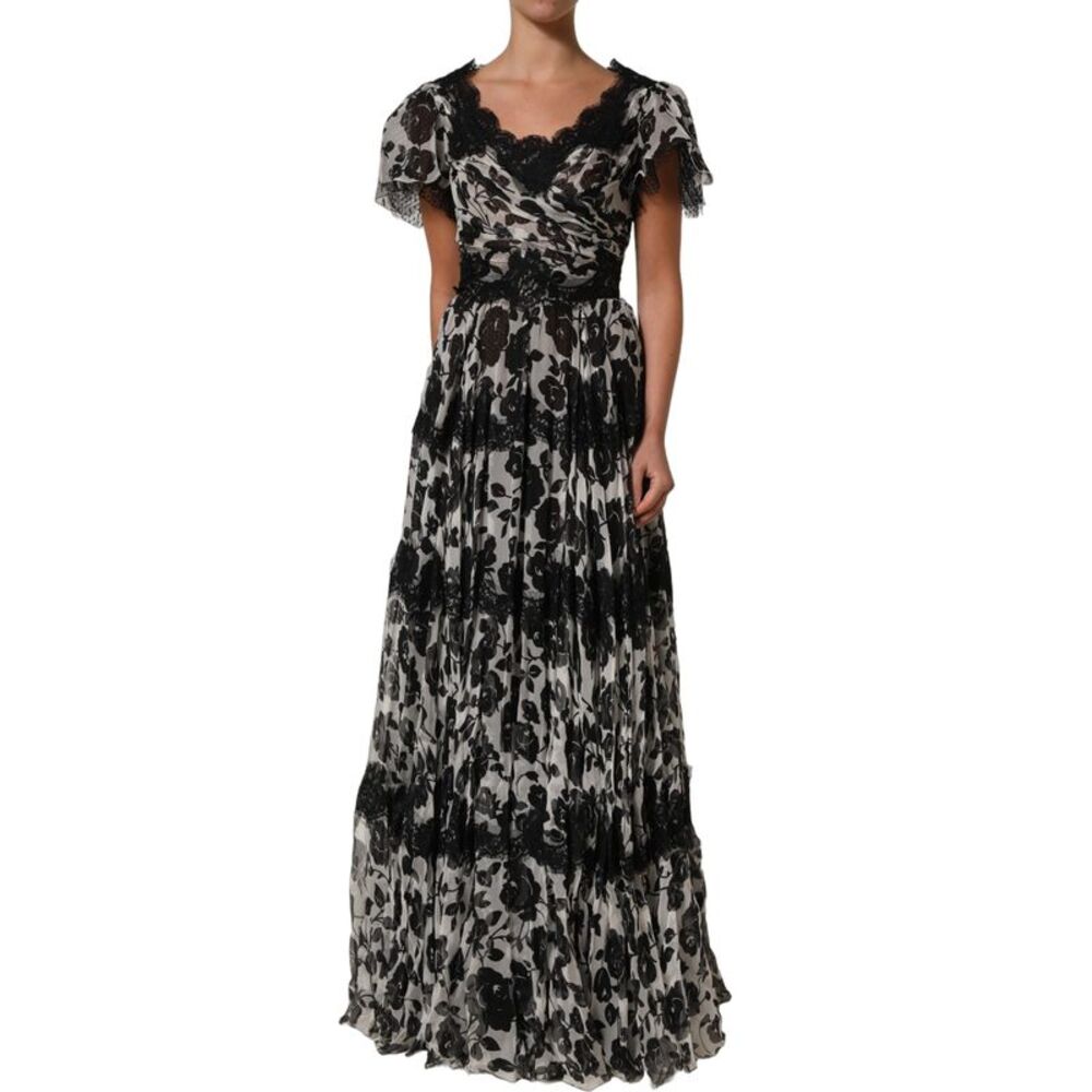 Dolce & Gabbana Black Silk Floral Lace Ricamo Ball Maxi Women's Dress